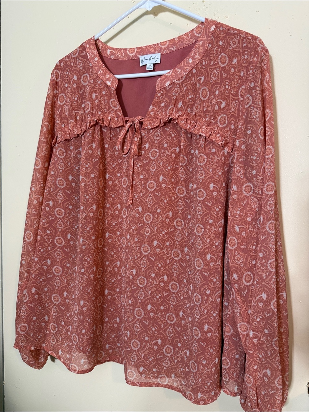 Wonderly Rust Paisley Ruffle Tie Blouse